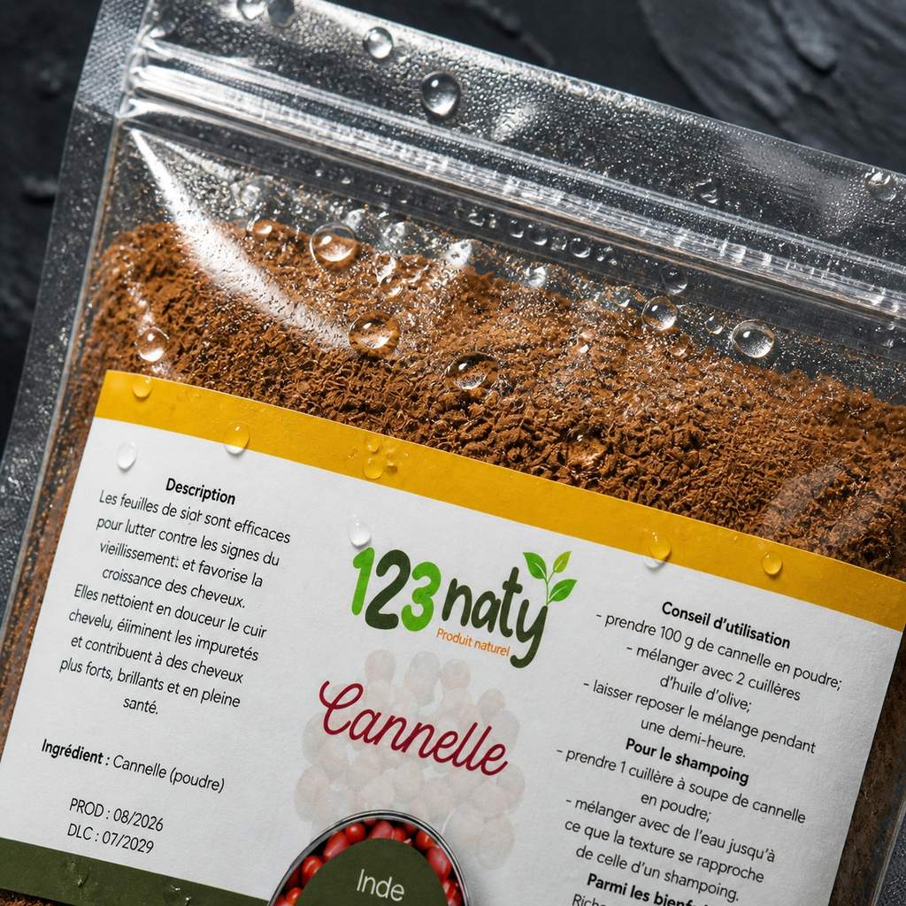 100g Cannelle en Poudre | 123NATY — Détail macro du flacon