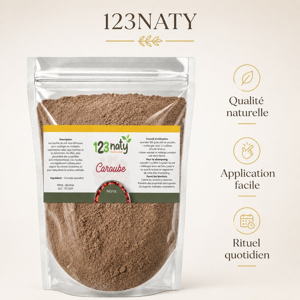 100g Caroube en Poudre | 123NATY — Infographie bénéfices clés