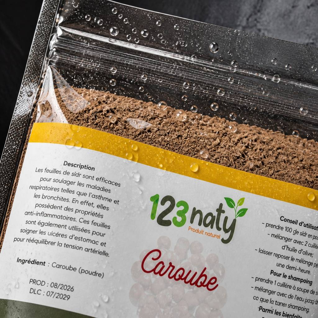 100g Caroube en Poudre | 123NATY — Détail macro du flacon