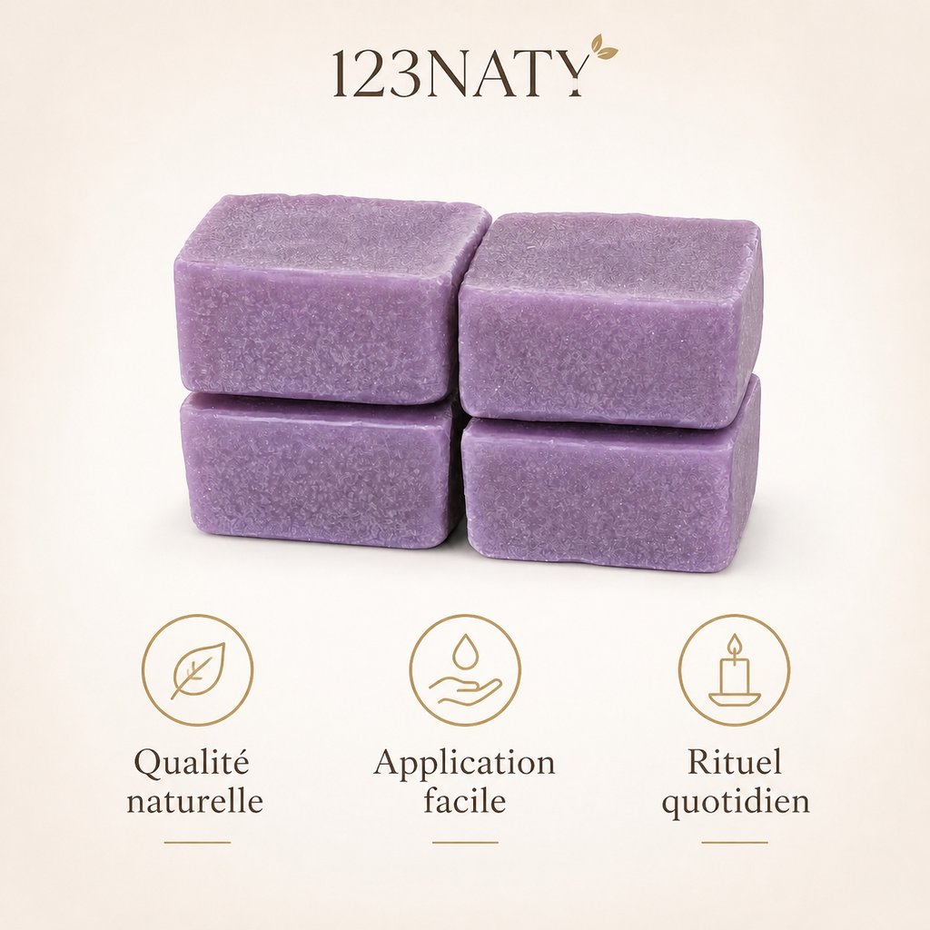 Musc Lavande en Carrés – Parfum Solide – Fraîcheur Florale & Longue Tenue | 123NATY — Infographie bénéfices clés