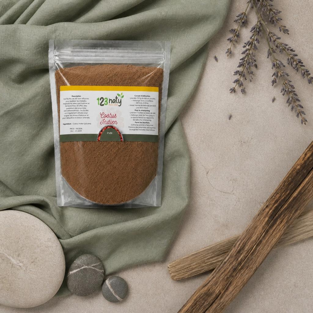 Costus indien en poudre 100 g | Origine Inde — Ambiance flat lay