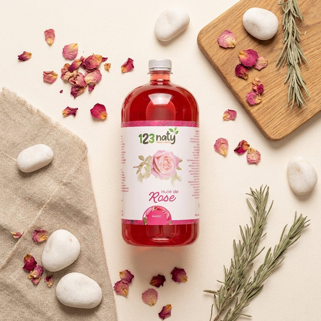 1L Huile de Rose – Macérat Huileux – Soin Visage Anti-Âge & Éclat – Qualité Premium | 123NATY — Ambiance flat lay