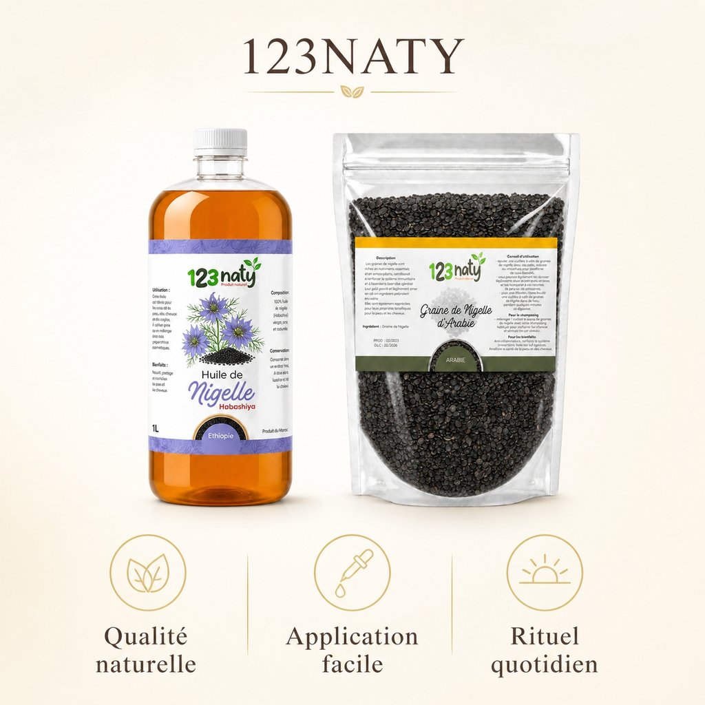 Pack 1L Huile de nigelle d'Ethiopie - Habachiya & 1Kg Graine de Nigelle d'Arabie | 123NATY — Infographie bénéfices clés