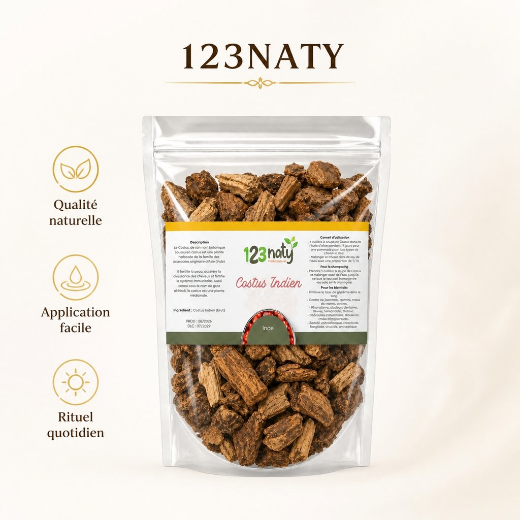 Pack 100g Costus Indien Brut & 100g Costus Marin Brut | 123NATY — Infographie bénéfices clés