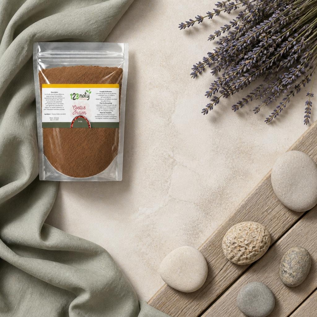 pack 100g Costus Indien en poudre & 100g Costus Indien Brut | 123NATY — Ambiance flat lay