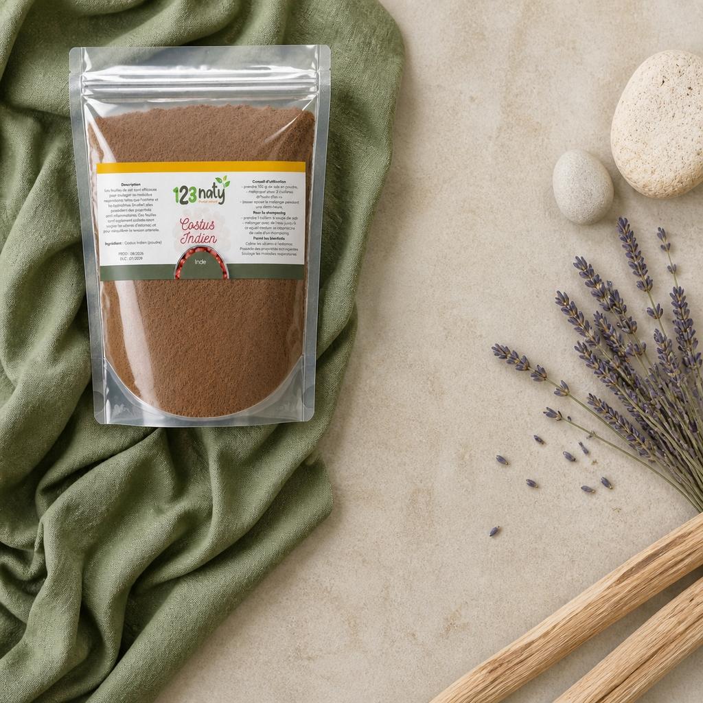 Pack 100g Costus Indien en poudre & 100g Costus Marin Brut | 123NATY — Ambiance flat lay