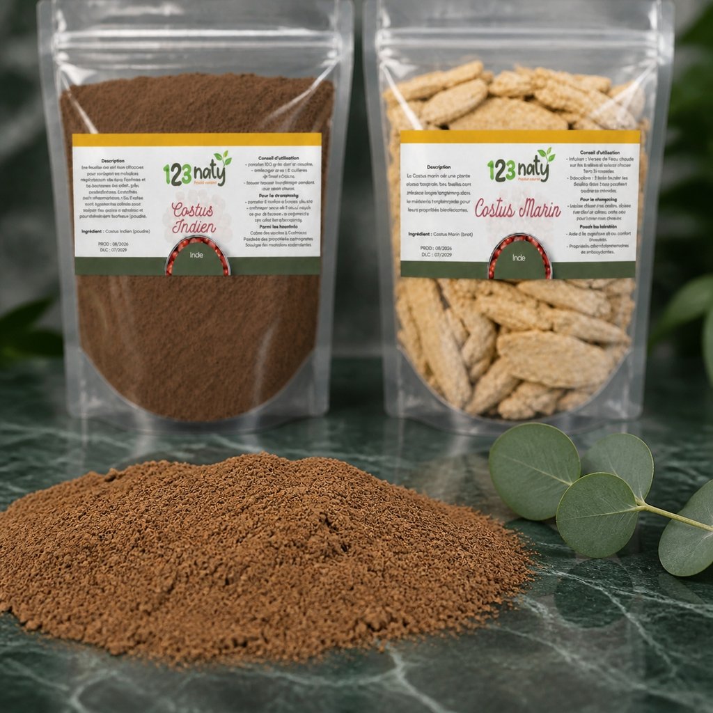 Pack 100g Costus Indien en poudre & 100g Costus Marin Brut | 123NATY — Texture en gros plan