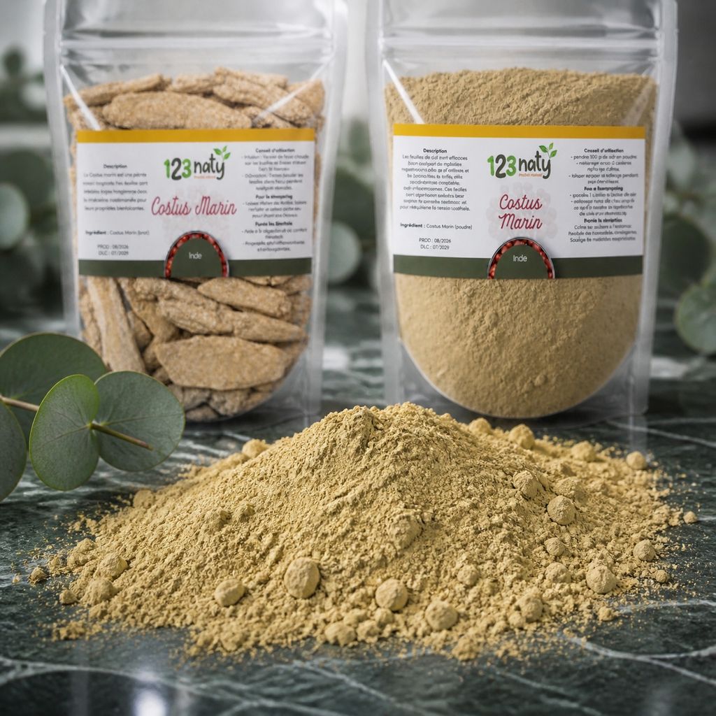 Pack 100g Costus Marin Brut & 100g Costus Marin en Poudre | 123NATY — Texture en gros plan