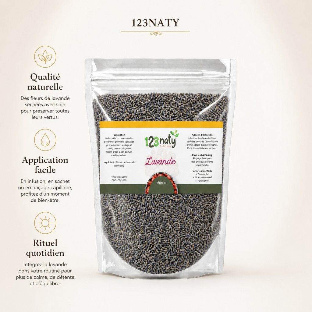 Pack 100g Fleur de Lavande séché & 100g Lavande en Poudre | 123NATY — Infographie bénéfices clés