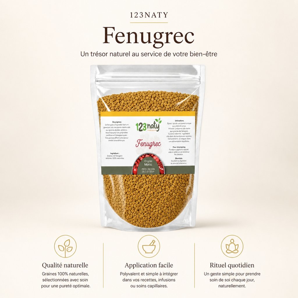 Pack 100g Graine de Fenugrec & 100g Graine de Fenugrec en Poudre | 123NATY — Infographie bénéfices clés