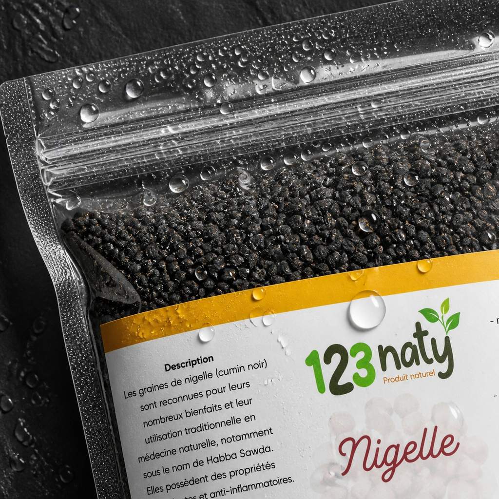 Pack 100g Graine de Nigelle & 100g Graine de Nigelle en Poudre | 123NATY — Détail macro du flacon