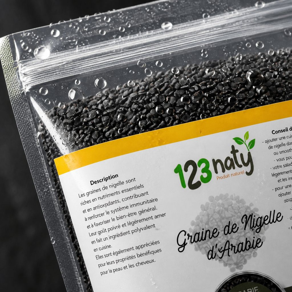 Pack 100g Graine de Nigelle d'Arabie & 100g Graine de Nigelle en Poudre | 123NATY — Détail macro du flacon