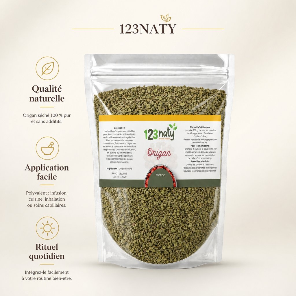 Pack 100g Origan en Feuille Séché & 100g Origan en Poudre | 123NATY — Infographie bénéfices clés