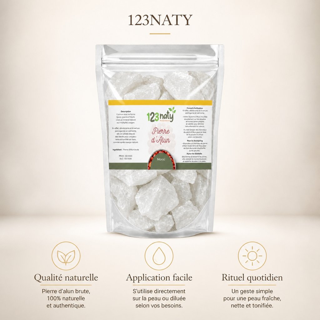 Pack 100g Pierre d'Alun brute & 100g Pierre d'Alun Poudre Cristaux | 123NATY — Infographie bénéfices clés