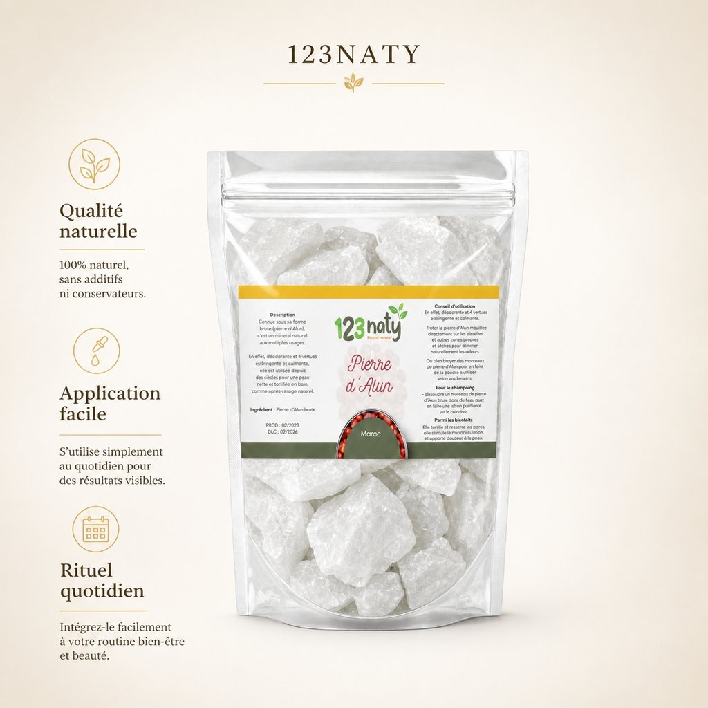 Pack 100g Pierre d'Alun brute & 100g Pierre d'Alun Poudre Surfine | 123NATY — Infographie bénéfices clés