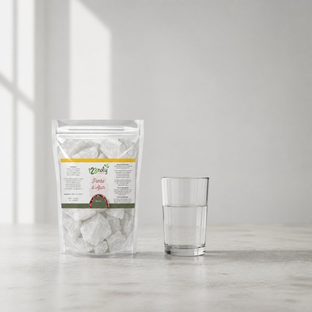 Pack 100g Pierre d'Alun brute & 100g Pierre d'Alun Poudre Surfine | 123NATY — Taille réelle du produit