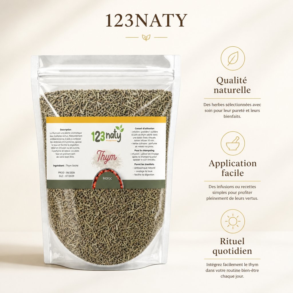 Pack 100g Thym Séchée & 100g Origan en Feuille Séché | 123NATY — Infographie bénéfices clés