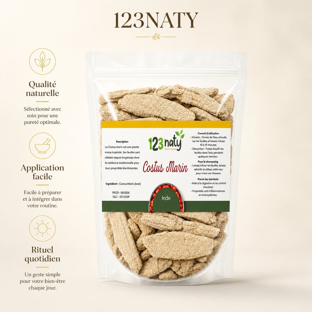 Pack 1kg Costus Indien en poudre & 1kg Costus Marin Brut | 123NATY — Infographie bénéfices clés