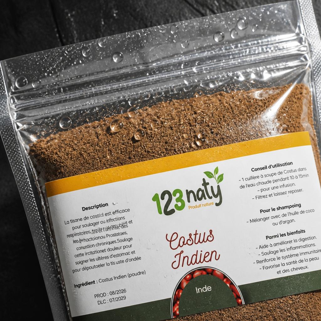 Pack 1kg Costus Indien en poudre & 1kg Costus Marin en Poudre | 123NATY — Détail macro du flacon