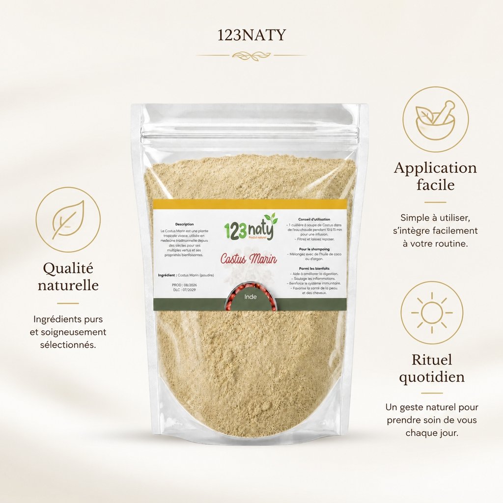 Pack 1kg Costus Marin en Poudre & 1kg Costus Indien Brut | 123NATY — Infographie bénéfices clés