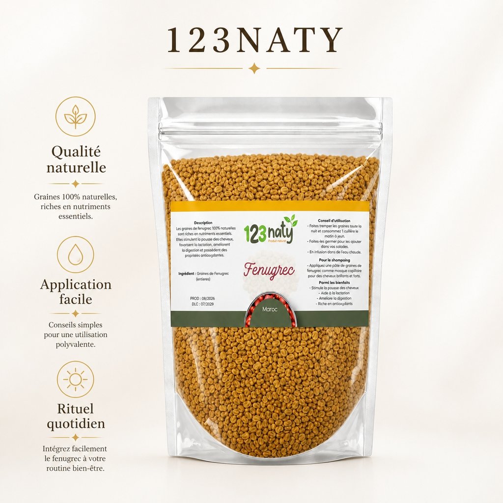 Pack 1kg Graine de Fenugrec & 1kg Graine de Fenugrec en Poudre | 123NATY — Infographie bénéfices clés