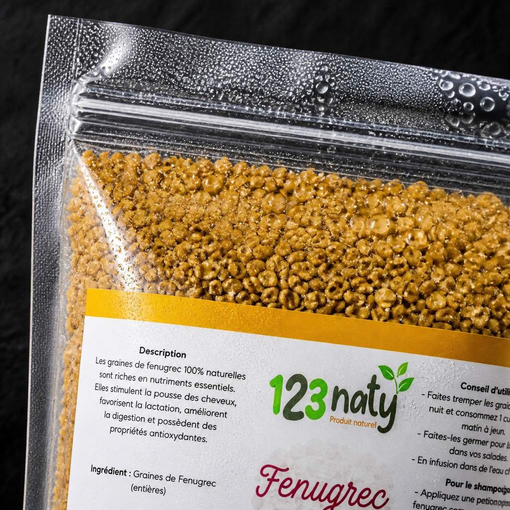 Pack 1kg Graine de Fenugrec & 1kg Graine de Fenugrec en Poudre | 123NATY — Détail macro du flacon