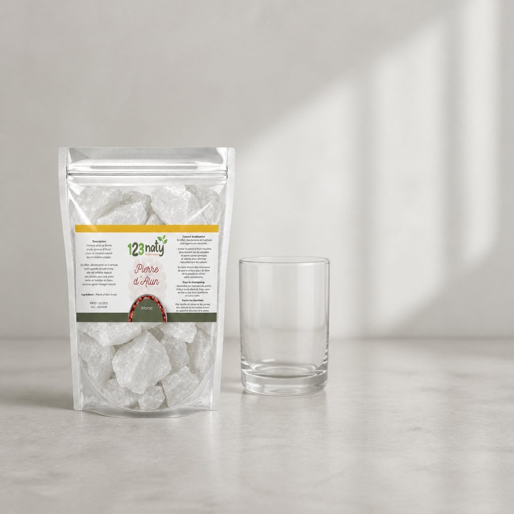 Pack 1kg Pierre d'Alun brute & 1kg Pierre d'Alun Poudre Cristaux | 123NATY — Taille réelle du produit