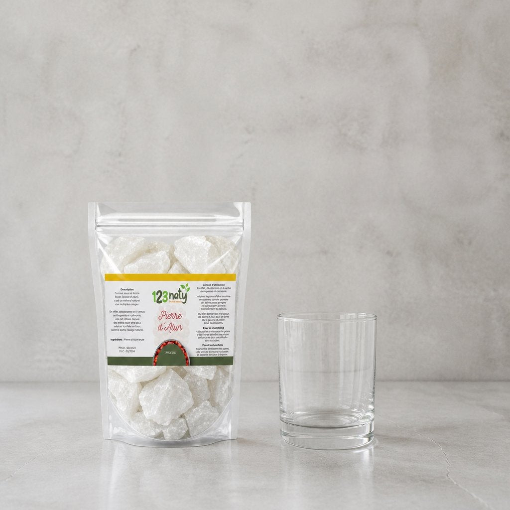 Pack 1kg Pierre d'Alun brute & 1kg Pierre d'Alun Poudre Surfine | 123NATY — Taille réelle du produit