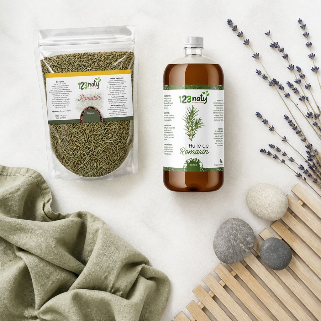 Pack 1kg Romarin Séchée & 1L Huile de Romarin | 123NATY — Ambiance flat lay