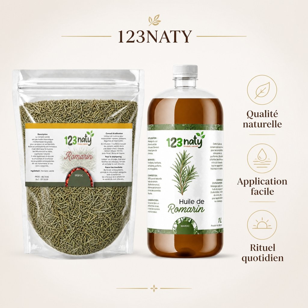 Pack 1kg Romarin Séchée & 1L Huile de Romarin | 123NATY — Infographie bénéfices clés