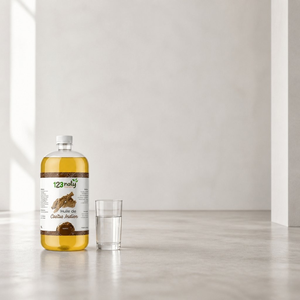 Pack 1L Huile de Costus Indien & 1kg Costus Indien Brut | 123NATY — Taille réelle du produit