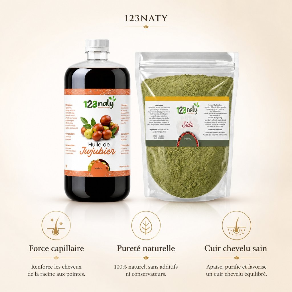Pack 1L Huile de Jujubier (sidr) & 1kg Feuille de Jujubier (Sidr) en Poudre | 123NATY — Infographie bénéfices clés
