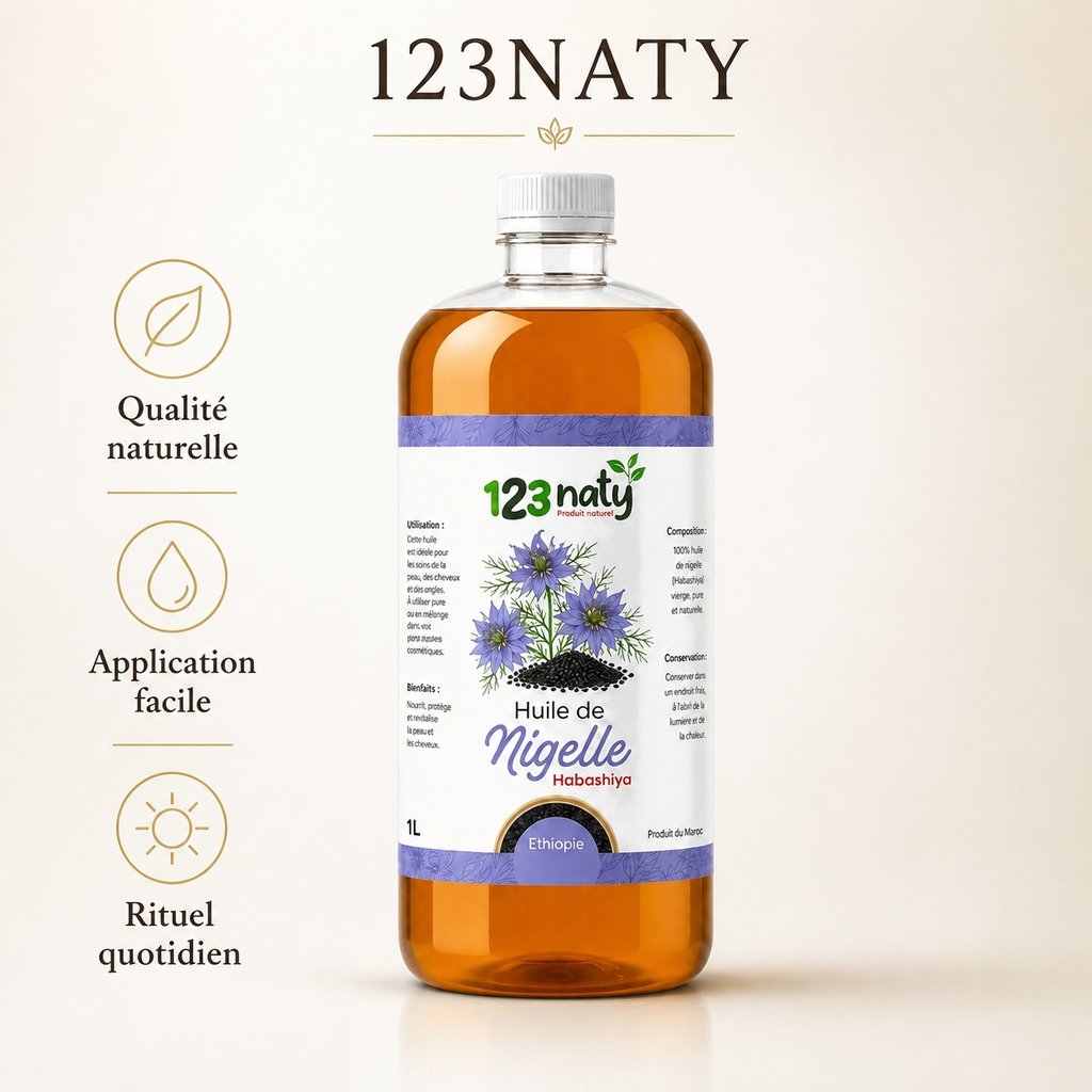 Pack 1L Huile de nigelle d'Ethiopie - Habachiya & 1kg Graine de Nigelle en Poudre | 123NATY — Infographie bénéfices clés
