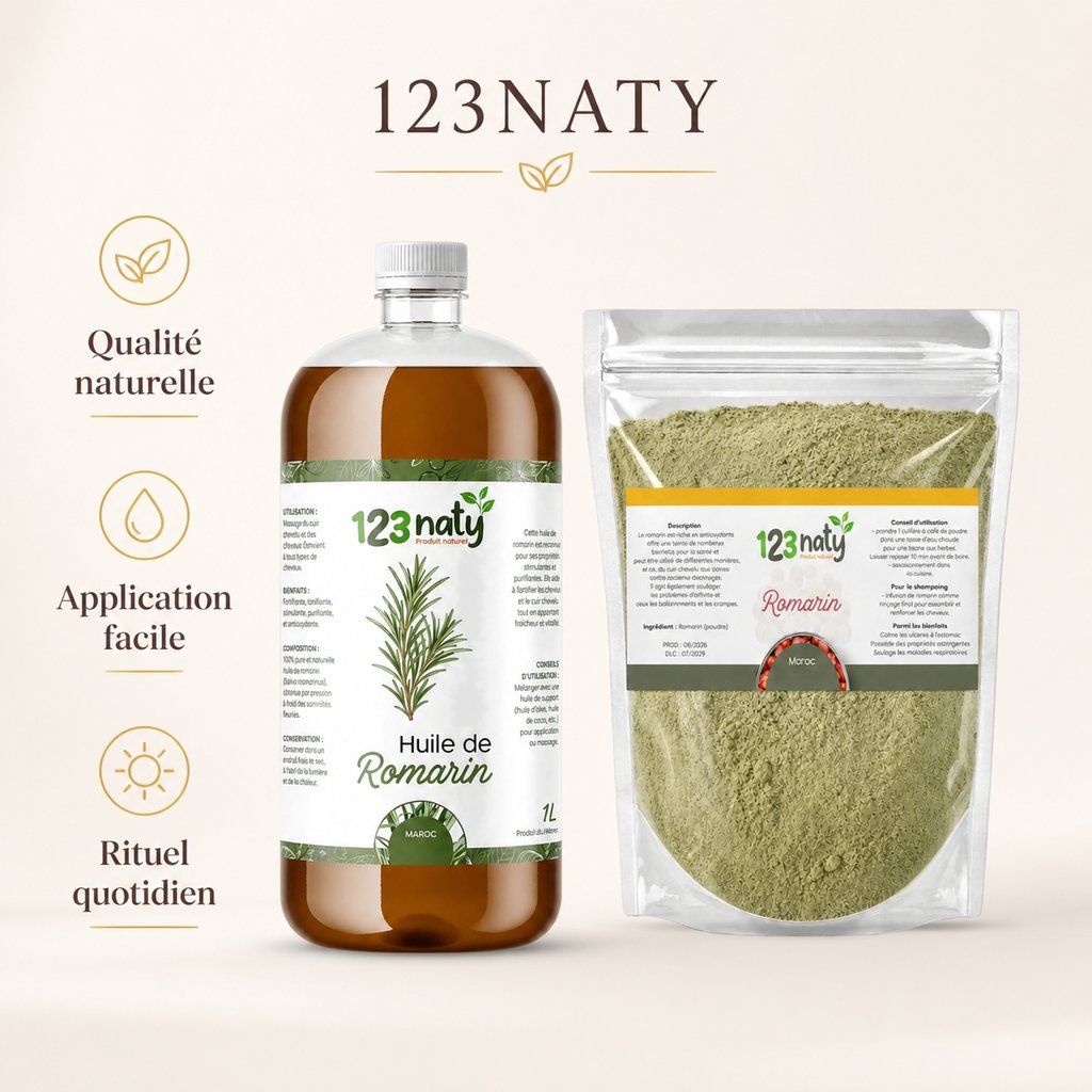 Pack 1L Huile de Romarin & 1kg Romarin Poudre | 123NATY — Infographie bénéfices clés