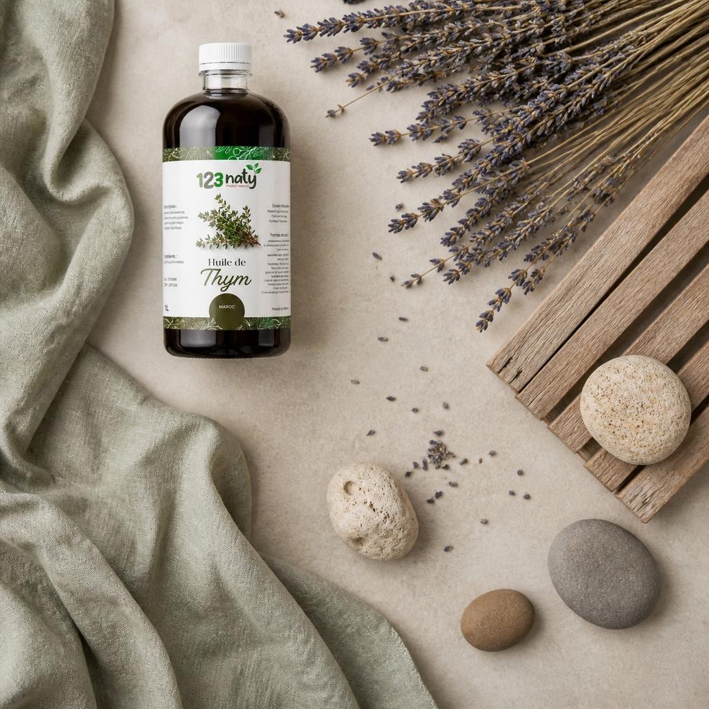 Pack 1L Huile de Thym & 1kg Thym Séchée | 123NATY — Ambiance flat lay