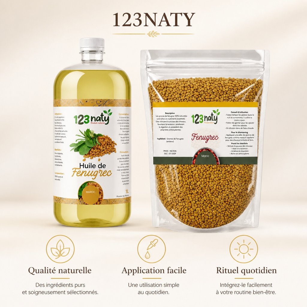 Pack 1L Huile de Fenugrec & 1kg Graine de Fenugrec | 123NATY — Infographie bénéfices clés