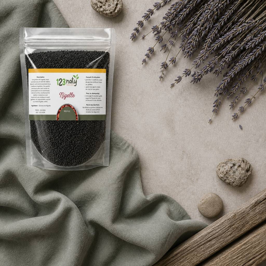 Pack 1Kg Graine de Nigelle d'Arabie & 1kg Graine de Nigelle en Poudre | 123NATY — Ambiance flat lay