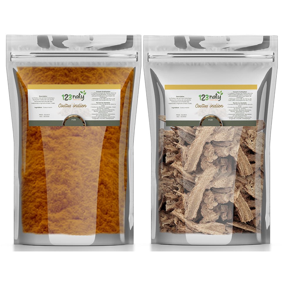 Pack 1kg Costus Indien en poudre & 1kg Costus Indien Brut | 123NATY — pack de 2 produits