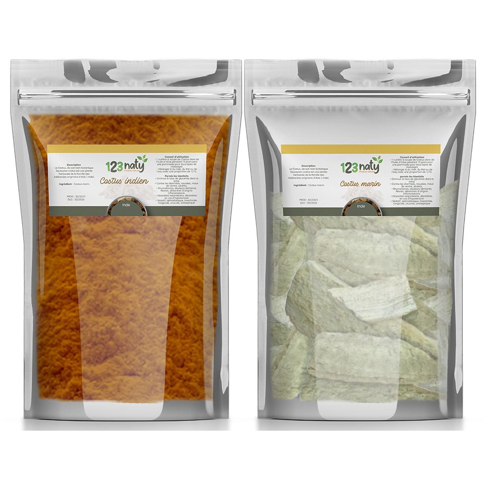 Pack 1kg Costus Indien en poudre & 1kg Costus Marin Brut | 123NATY — pack de 2 produits