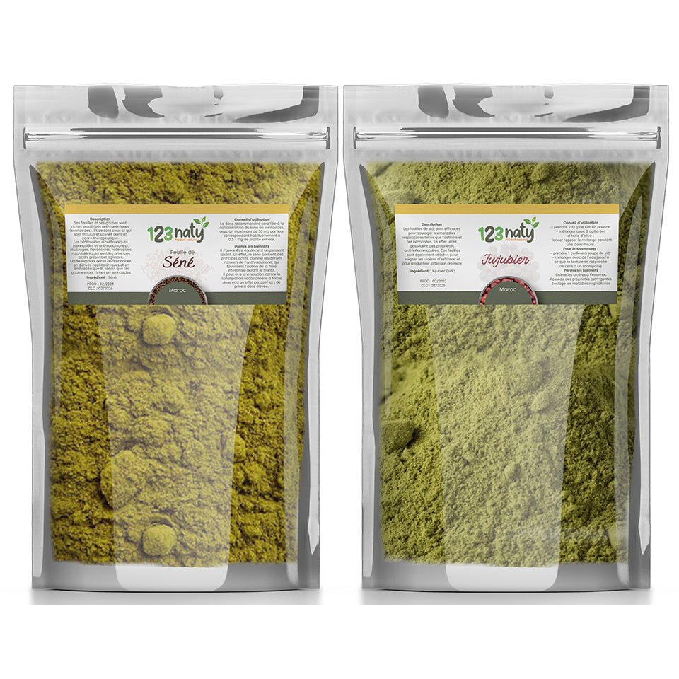 Pack 1kg Feuille de Séné en Poudre & 1kg Feuille de Jujubier (Sidr) en Poudre | 123NATY — pack de 2 produits