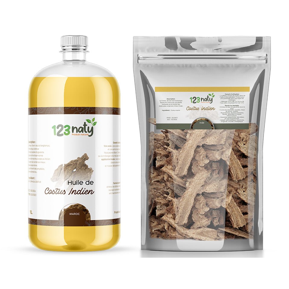 Pack 1L Huile de Costus Indien & 1kg Costus Indien Brut | 123NATY — pack de 2 produits