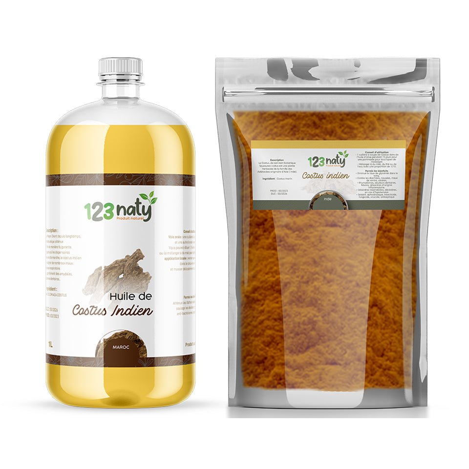 Pack 1L Huile de Costus Indien & 1kg Costus Indien en poudre | 123NATY — pack de 2 produits