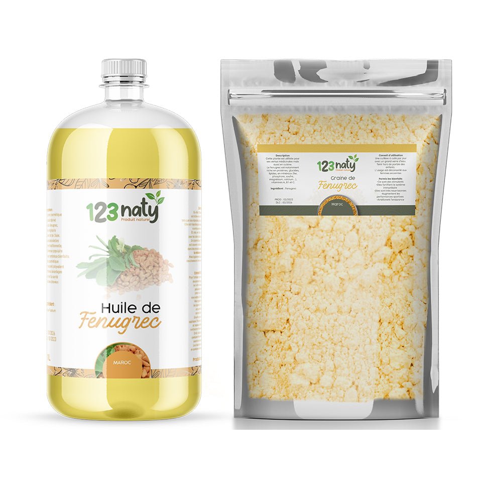 Pack 1L Huile de Fenugrec & 1kg Graine de Fenugrec en Poudre | 123NATY — pack de 2 produits