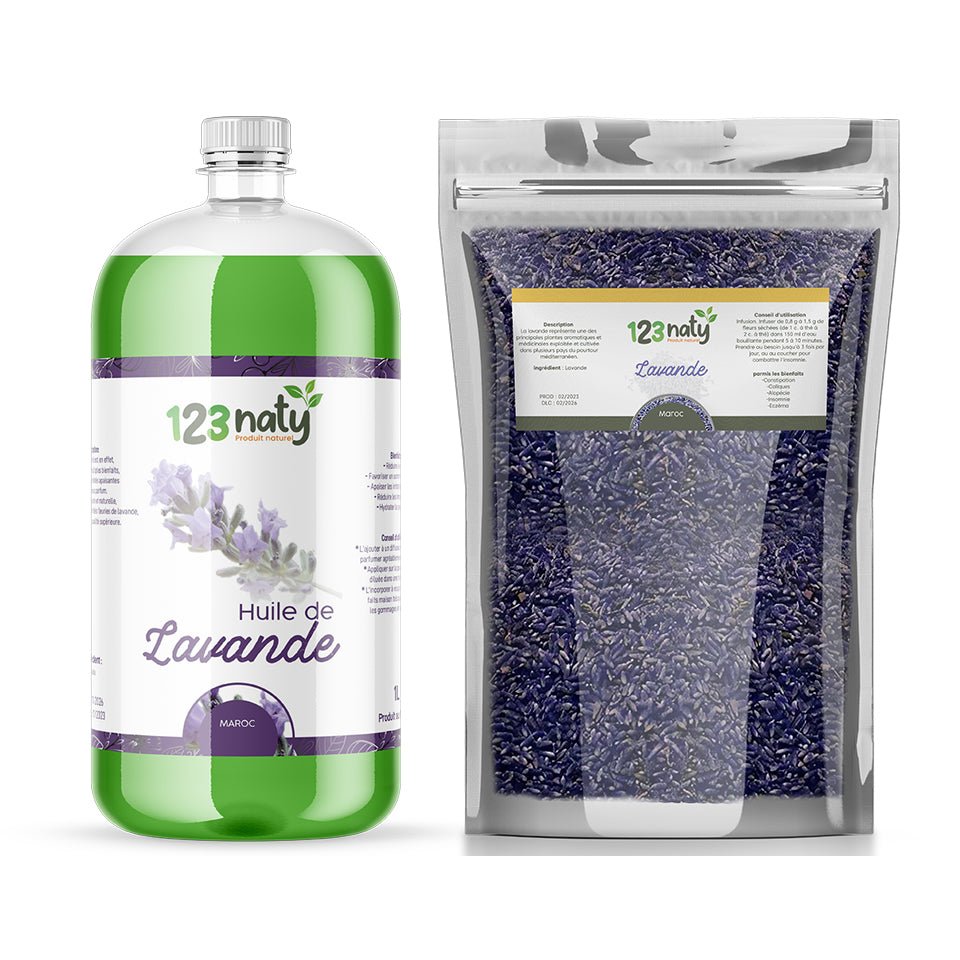 Pack 1L Huile de Lavande & 1kg Fleur de Lavande séché | 123NATY — pack de 2 produits