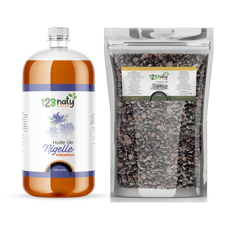 Pack 1L Huile de nigelle d'Ethiopie - Habachiya & 1Kg Graine de Nigelle d'Arabie | 123NATY — pack de 2 produits