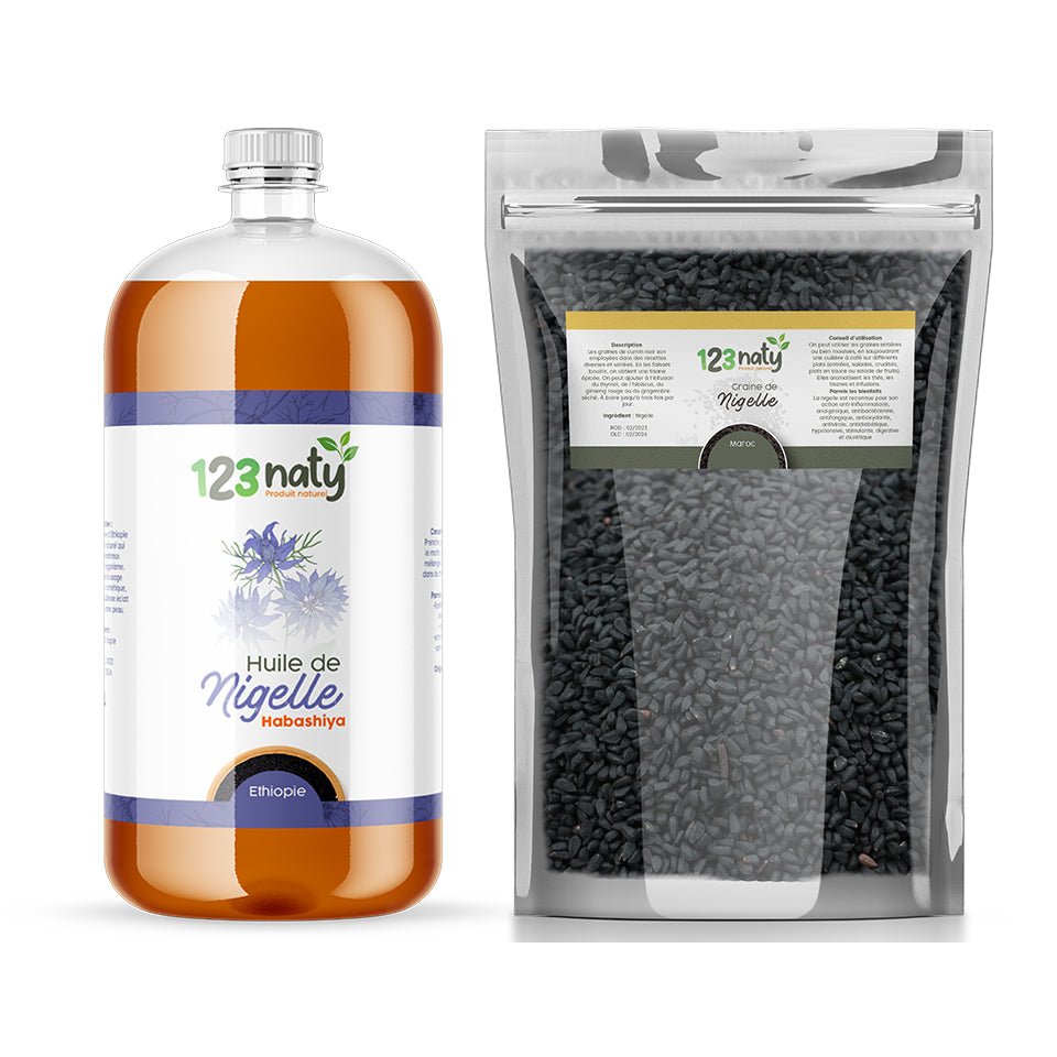 Pack 1L Huile de nigelle d'Ethiopie - Habachiya & 1kg Graine de Nigelle | 123NATY — pack de 2 produits