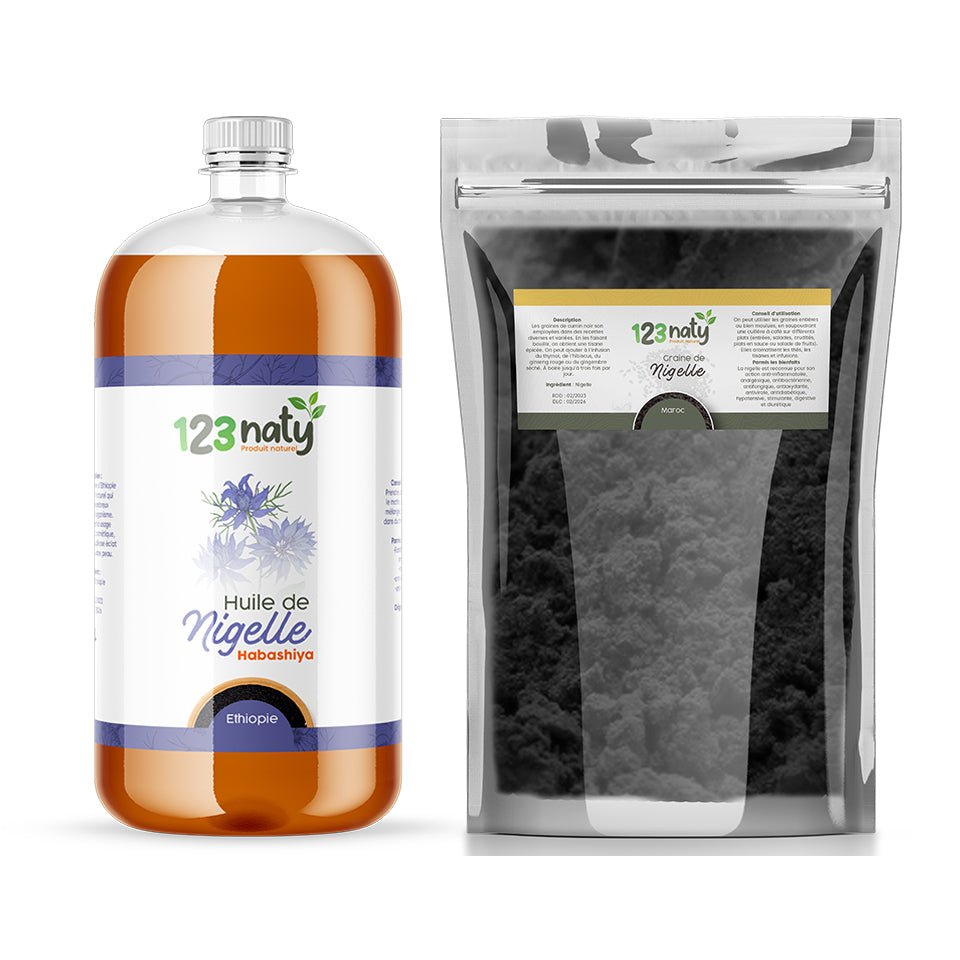 Pack 1L Huile de nigelle d'Ethiopie - Habachiya & 1kg Graine de Nigelle en Poudre | 123NATY — pack de 2 produits