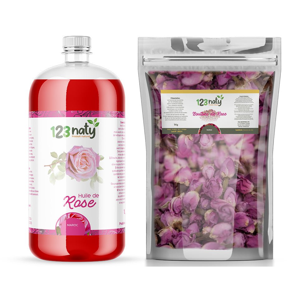 Pack 1L Huile de Rose & 1kg Bouton de Rose Séchée | 123NATY — pack de 2 produits