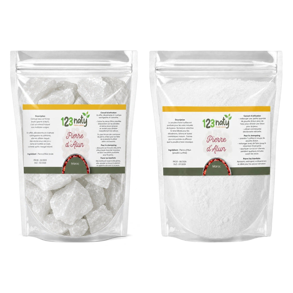 Pack 100g Pierre d'Alun brute & 100g Pierre d'Alun Poudre Cristaux | 123NATY — pack de 2 produits