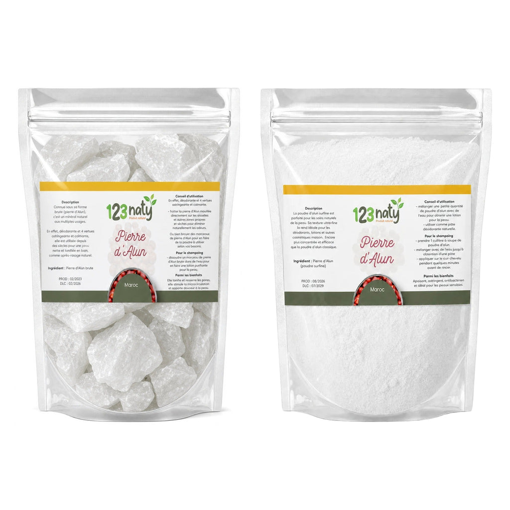 Pack 100g Pierre d'Alun brute & 100g Pierre d'Alun Poudre Surfine | 123NATY — pack de 2 produits
